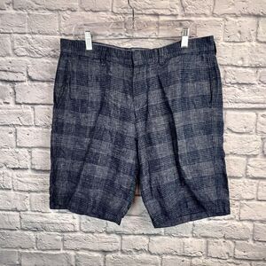J Crew Club Men's 100% Linen Blue Plaid‎ Chino Shorts Flat Front Size 34 10.5 L